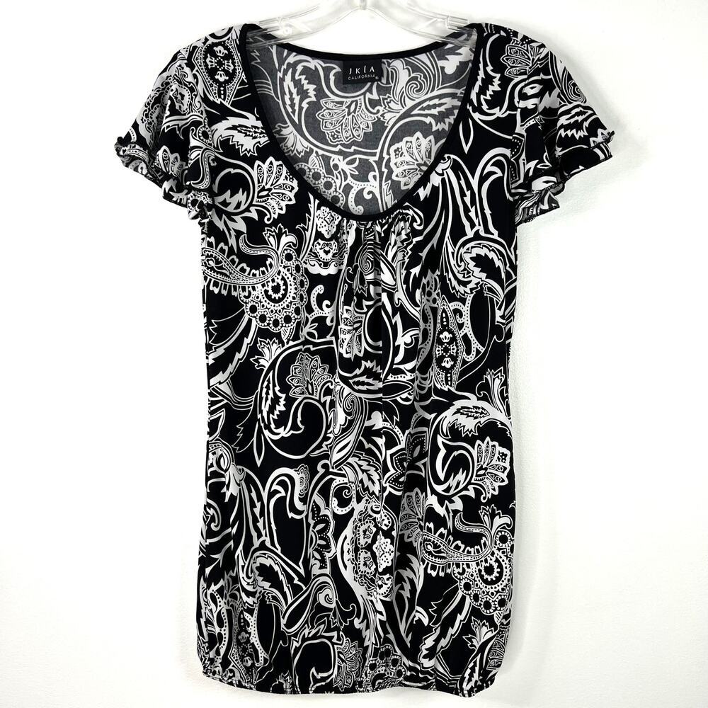 JKLA California Vintage Women's Blouse Black/White Paisley Print Y2K Size M/L